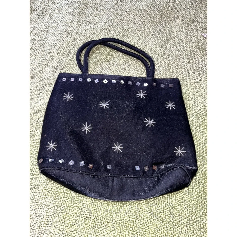 Vintage Wallis Bag , Black With Snowflakes And Embellishments , Magnetic Closure